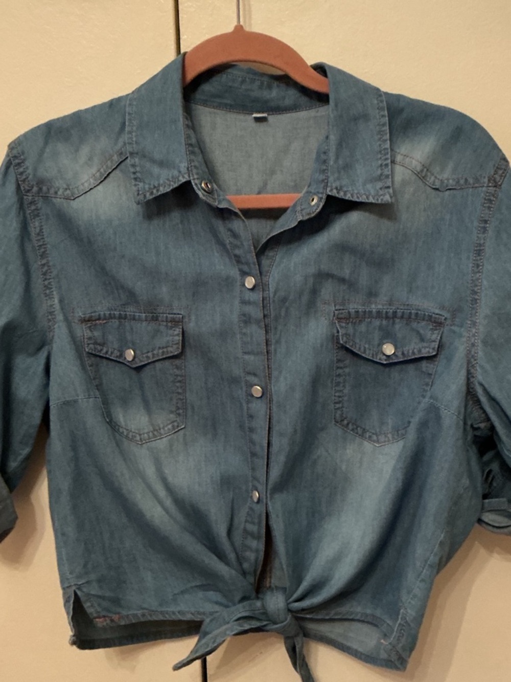 Tie-Front Chambray snap Up Shirt - Blue
